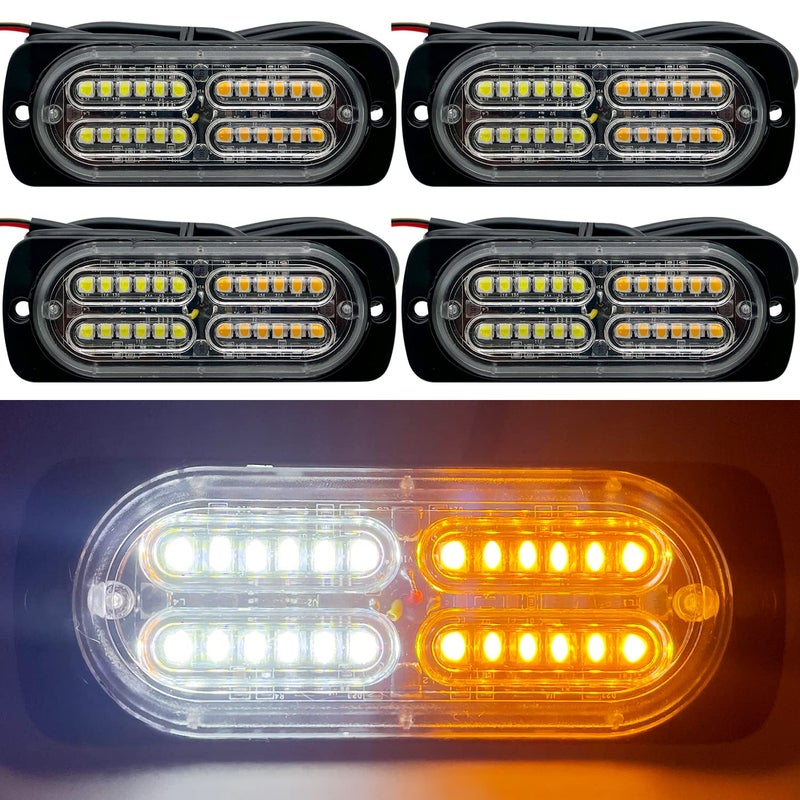 EASE2U E 12-24V 24-LED Super Bright LED Emergency Strobe Lights Warning for Cars Trucks Vehicle SUV Caution Hazard Construction Waterproof Amber Strobe Bar with 32 Different Flashing- 4PCS (White Amber) - Image 1
